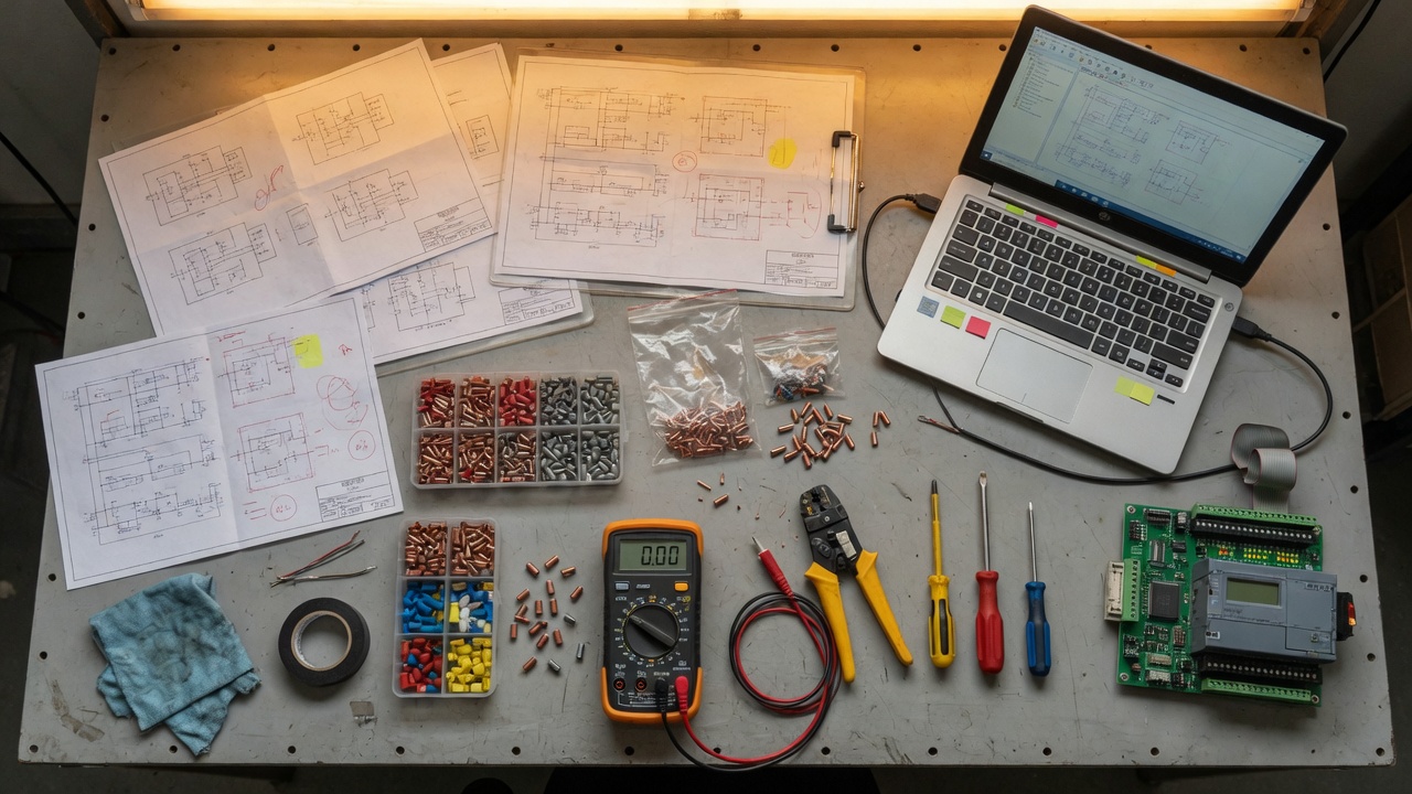 Controls workbench with drawings, a laptop, and a PLC trainer.