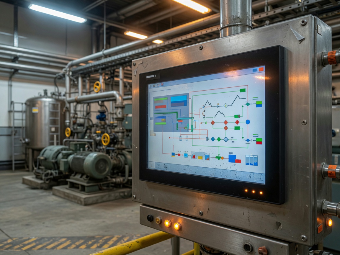 Industrial operator station with a process HMI on a plant floor.