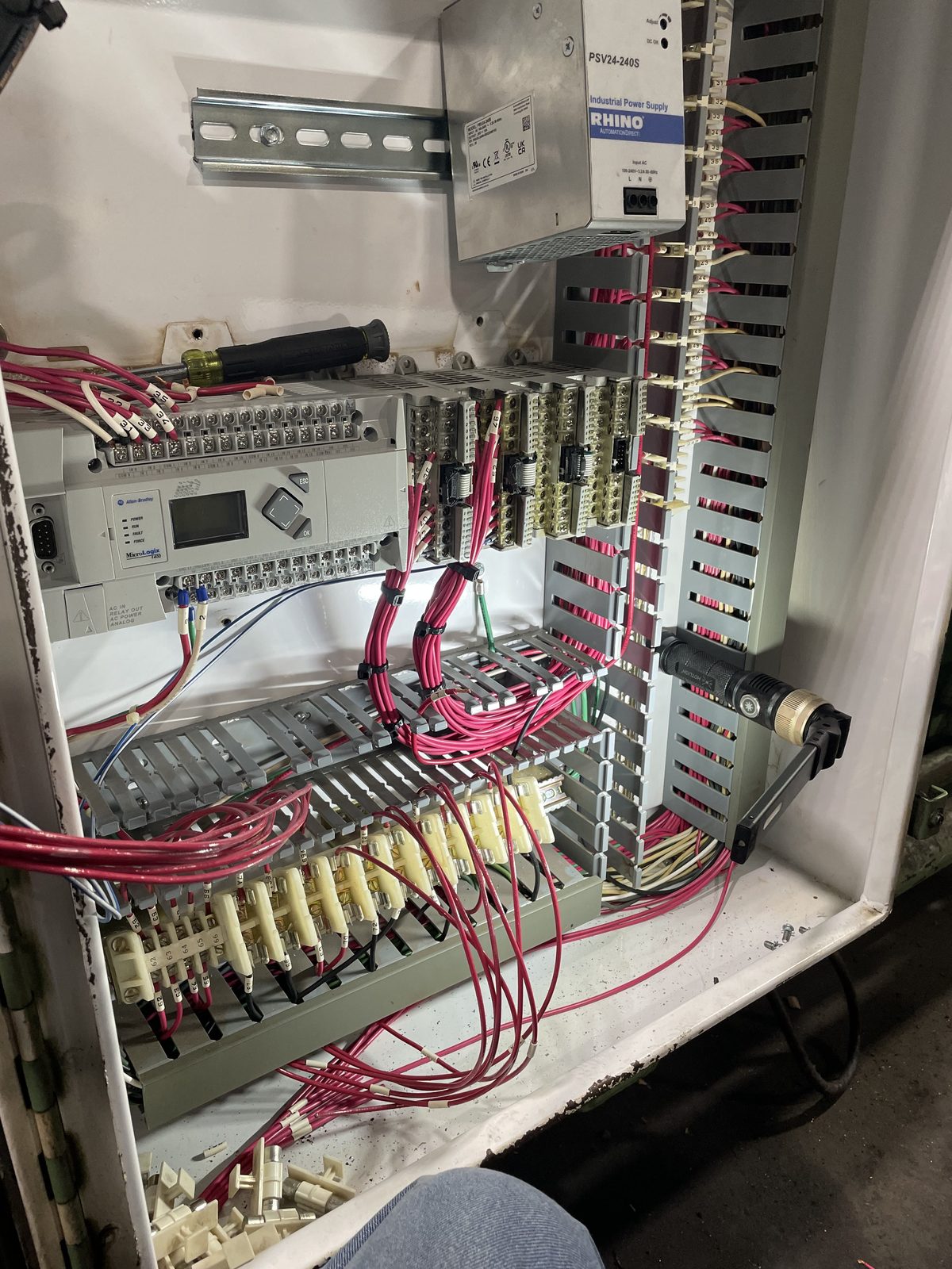 MicroLogix 1400 control panel during service.
