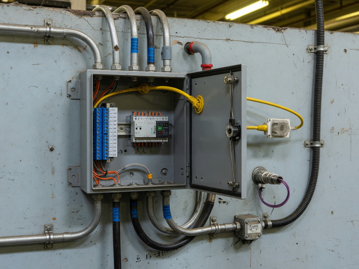 Remote I/O enclosure on a plant wall with Ethernet and field conduit.
